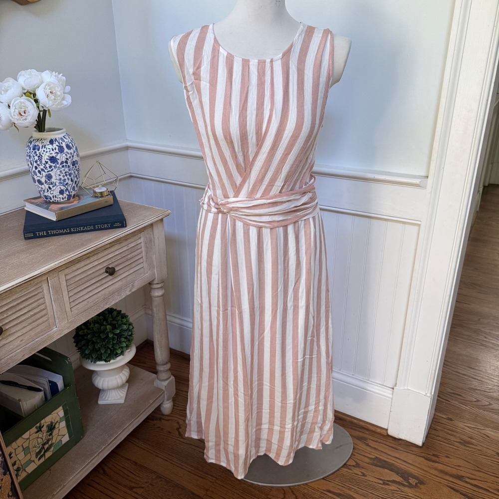 Chenault Pink White Striped Sleeveless Midi Dress Twist Waist‎ Rayon Large